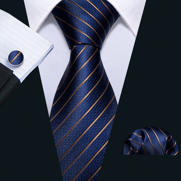 

fast shipping silk ties mens 100% designers fashion navy blue striped tie hanky cufflinks sets for mens formal wedding party groom n-5032, Black;blue