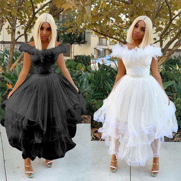 

slash neck feather pettiskirt dress mesh lace stitching bridal evening dress women's party dresses wedding bridesmaid skirts, White;black