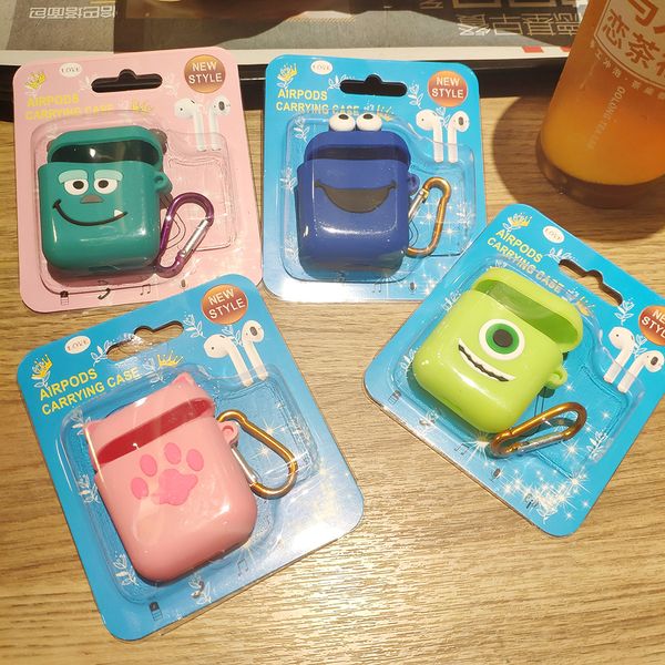 

with retail package portable silicone cartoon shockproof airpod case iphone bluetooth earphone protective cover cartoon with carabiner