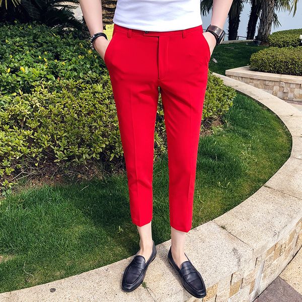 

2019 new spring and summer mens casual solid fashion suit boutique business ankle color pants men / slim new pants length casual emcen, Black