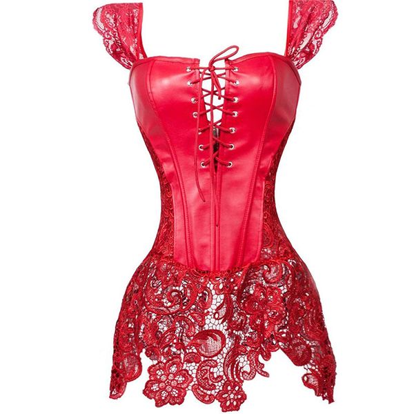 

women gothic corset bustier dress faux leahter lace strap waist cincher steampunk shaper underwear lingerie red plus size, Black;white