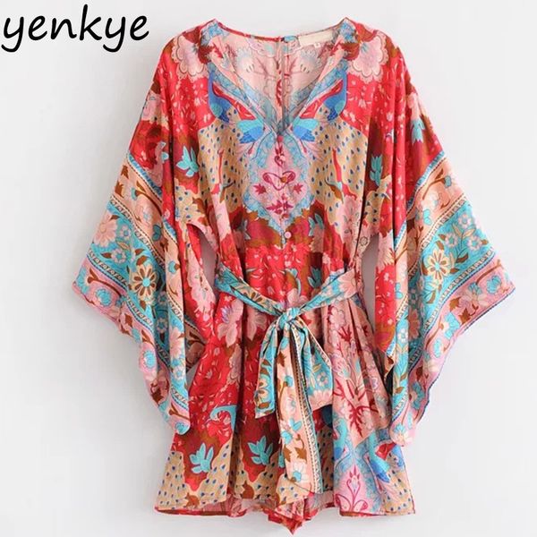 

women floral printed boho beach jumpsuit v neck loose-fitting sleeve with belt casual summer jumpsuit dwdd6054, Black;white