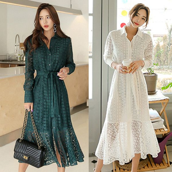 

elegant women ladies office lace v-neck long sleeve tie up button down vintage bandage flare dress vestidos verano, Black;gray