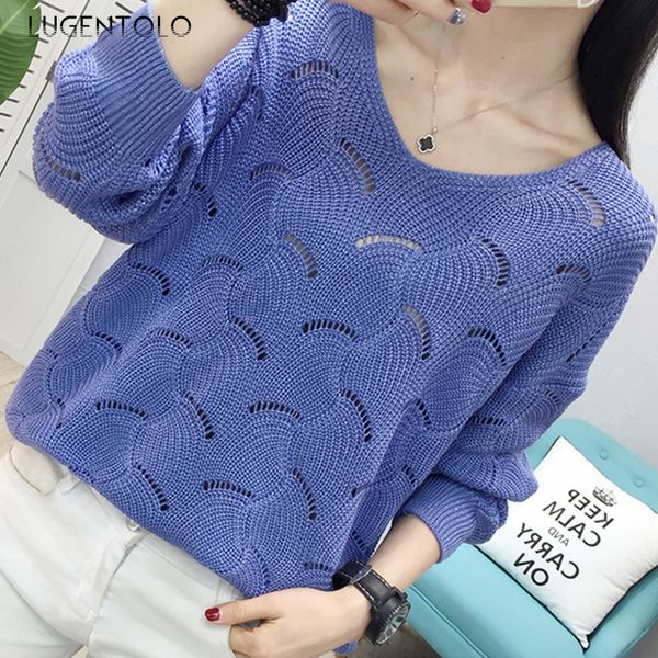

lugentolo women sweater hollow knitted v-neck loose korean thin long-sleeved solid color pullovers spring new sweaters, White;black