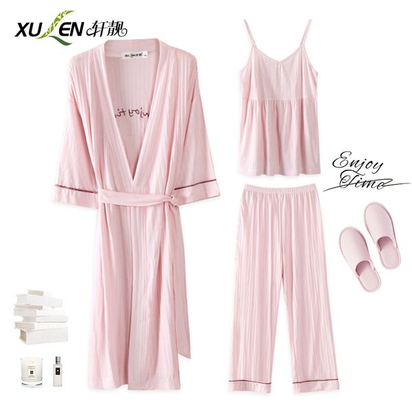 

women three piece pajamas and robe set summer bathrobe sleep dressing gown female pajama set home lounge kimono nightwear, Blue;gray