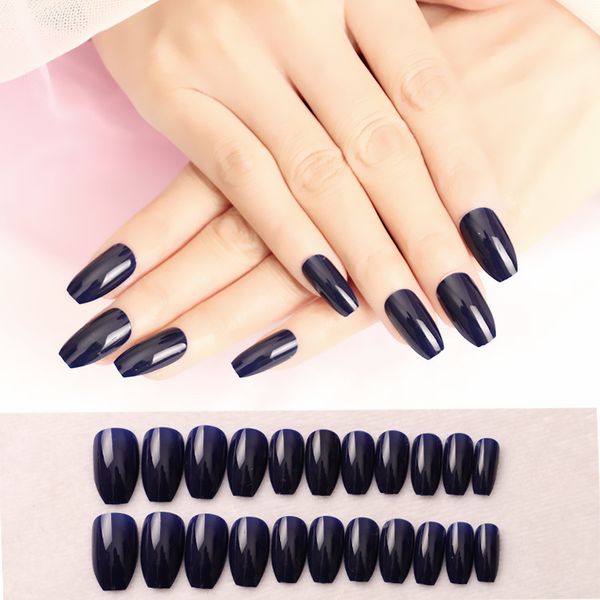 

2019 a film factory nail patch dark blue solid color nails glossy full ballet nail fake nails finished, Red;gold