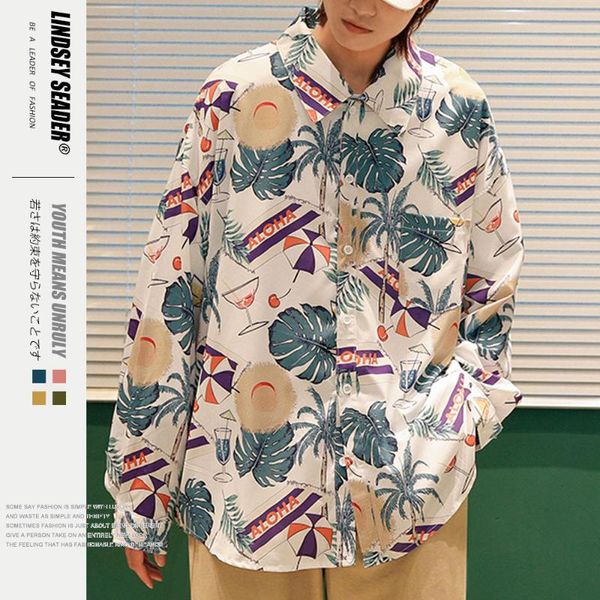 

lindsey seader hawaii style beach hats palm tree men's shirt long sleeve 2020 summer tropical shirts men hip hop shirt male top, White;black