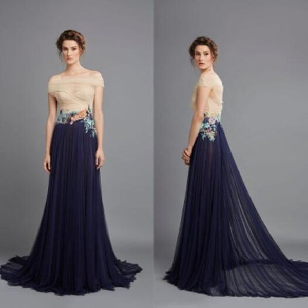 

alluring floral appliqued evening dresses hamda al fahim off the shoulder pleated prom gowns sweep train tulle evening dress 3987, Black;red