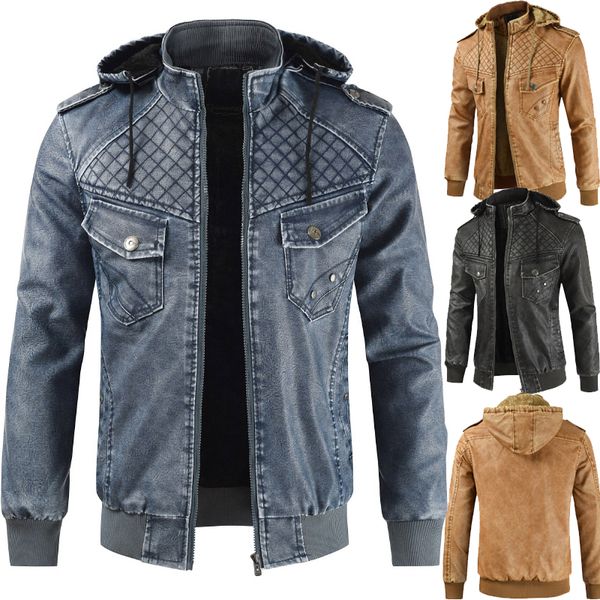 

mens autumn winter warm leather jacket mens fashion casual straight vintage moto&biker pu leather plus thick velvet jacket coats, Black