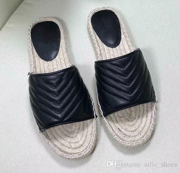 

classical designer leather espadrille sandal slides cord platform 100% real leather women slipper with double hardware beach party sandal, Black