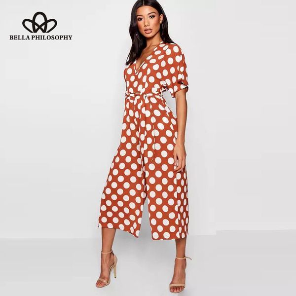 

heydress 2019 autumn vintage v neck polka dot sashes siamese ladies wide leg pants jumpsuits casual slim overalls trousers, Black;white