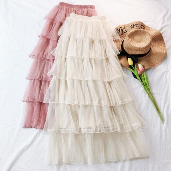 

womens cake layered maxi long tulle skirts streetwear tiered mesh ruffled tutu ankle long skirts pink gray ivory, Black
