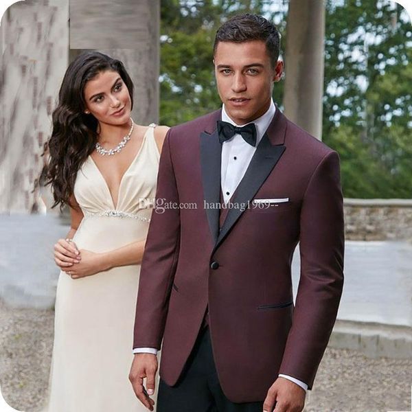 Novo Design One Button Burgundy Noivo Smoking pico lapela Groomsmen Mens ternos de casamento / Prom / Jantar Blazer (jaqueta + calça + Vest + Tie) K211