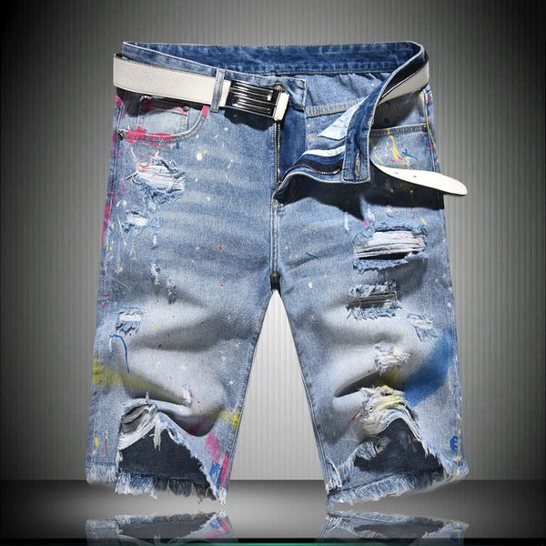 

2020 summer new men's jeans shorts retro graffiti hole art simple wild fashion casual ripped denim shorts hip-hop mens clothing, Blue