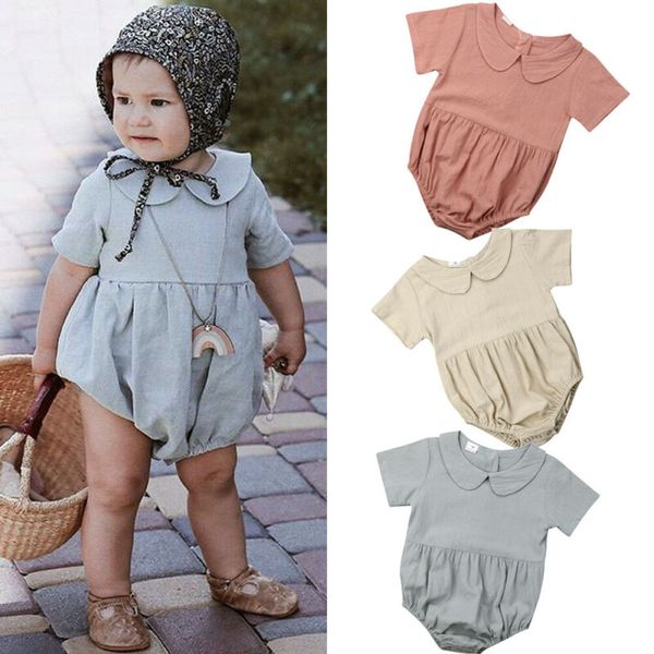 

2020 Baby Summer Clothing Cute Infant Baby Girls Solid Bodysuits Peter Pan Collar Jumpsuits Outfits Clothes Casual Playsuit