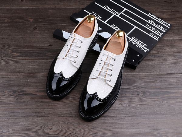 

men dress shoes snakeskin grain leather formal business men oxfords shoes for wedding party brogue shoe, Black