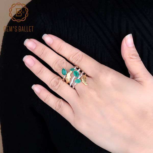

gem's ballet 2.26ct natural green agate gemstone finger rings 925 sterling sliver fashion band ring for women gift fine jewelry, Slivery;golden