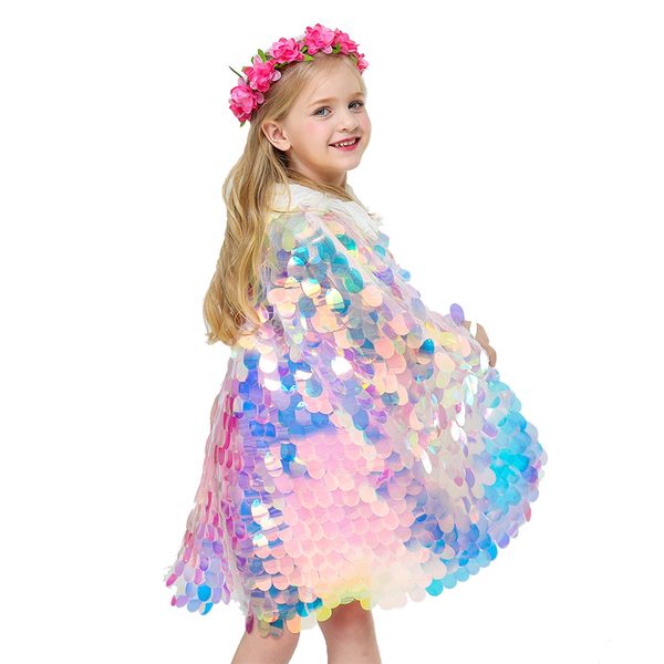 

baby girl clothes fashion glitter multicolor sequin girls cloak sweet style shiny shawl princess costumes 2-10 year kids clothes, Blue;gray