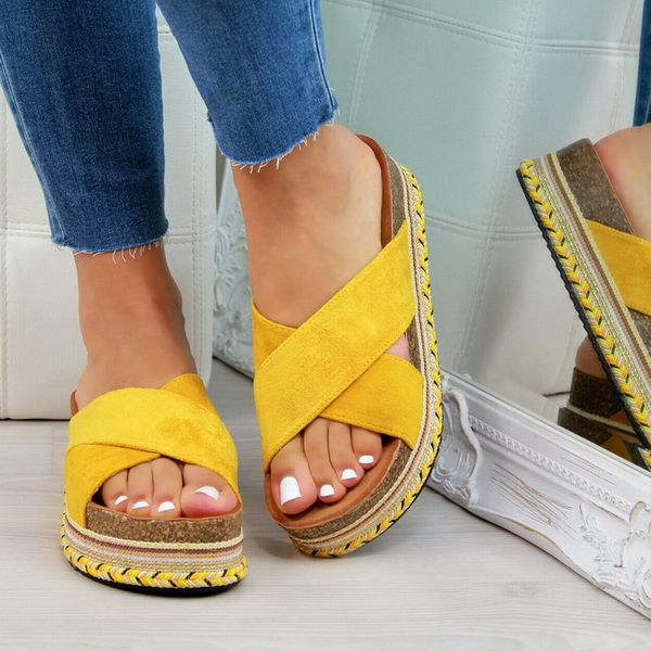 

slippers women solid platform heels open toe female summer dress shoes cross strap sandals flats 2021, Black