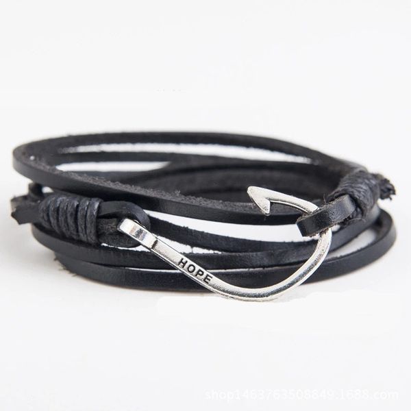 

punk style multi-storey cowhide rope wrap anchor bracelet bracelet charm male fish hook hand decorate, Golden;silver