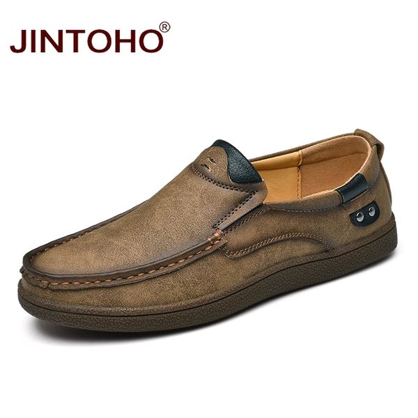 

jintoho fashion brand men shoes men genuine leather shoes casual male leather slip on loafers, Black