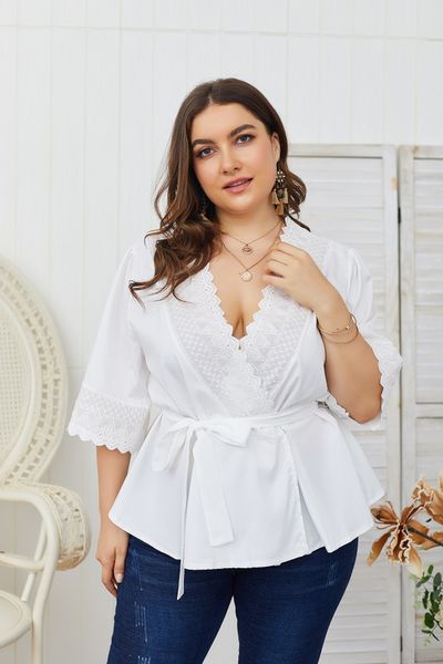

plus size women blouses shirts casual white color mid sleeve v neck sashes shirts floral trimming women