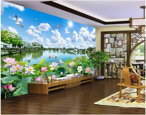

wdbh custom p 3d wallpaper beautiful lotus lake in chinese water town room background home decor 3d wall muals wall paper for walls 3 d