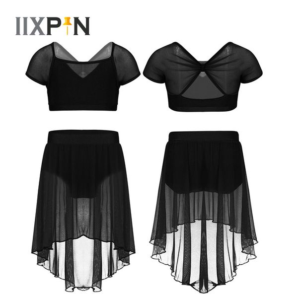 

iixpin kids ballet dress leotard tutu dance wear ballerina splice cap sleeves ballet dance gymnastics crop with mesh skirt, Black;red