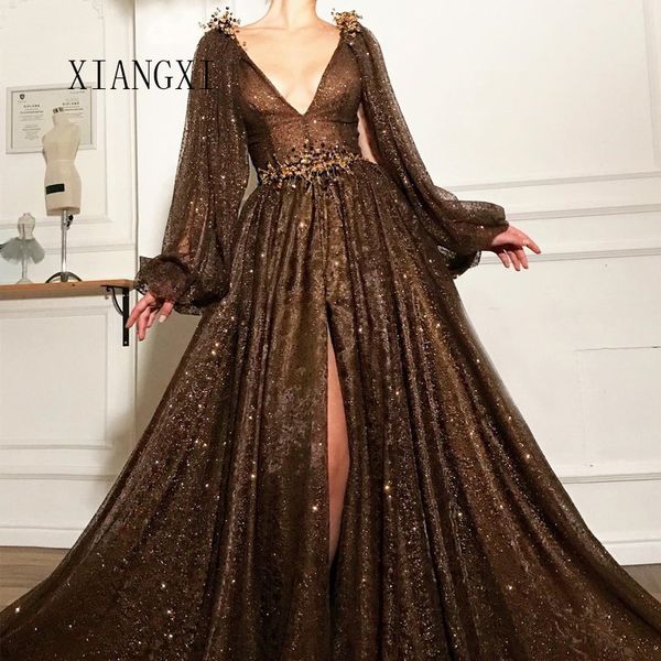

xiangxi 2019 shinning evening dresses long muslim deep v-neck a-line beaded prom dresses evening dress formal gowns vestidos, White;black