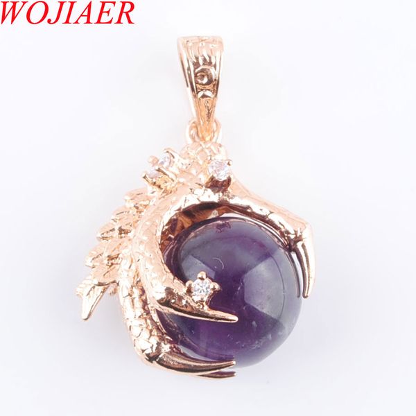 

wojiaer natural amethyst gem stones round bead dragon claw gold pendant & necklace jewelry 1pcs dn3104, Silver