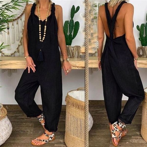 

new women high street casual pants strip backless loose solid women's jumpsuits party beach bodycon overalls for women, Black;white