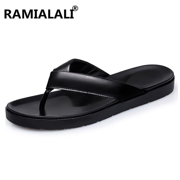 

genuine leather men slippers beach flip flops men shoes leather male slippers summer flip-flops foot massage, Black