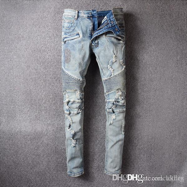 

2020 latest listing skinny jeans designer jeans for men ripped holes jeans motorcycle biker denim pants men brand fashion designer hip hop, Blue