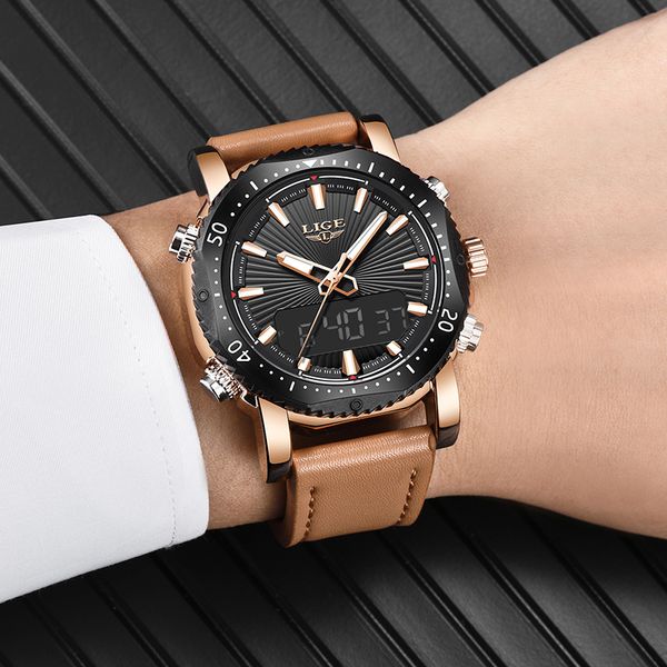 

2018 lige mens fashion sport watches men quartz analog date clock man casual leather waterproof watch relogio masculino, Slivery;brown