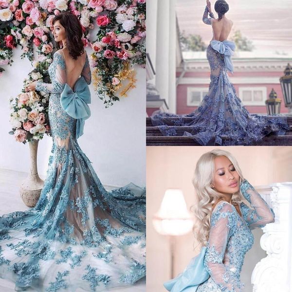 

2019 mermaid prom dresses with lace appliques beaded bow v neck backless evening gowns long sleeve plus size formal occasion dress, Black