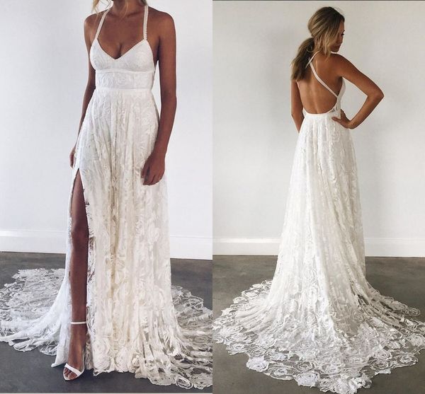 

deep v-neck split beach wedding dresses criss cross strap open back expensive lace empire waist bridal dress robe de mariee long cheap, White