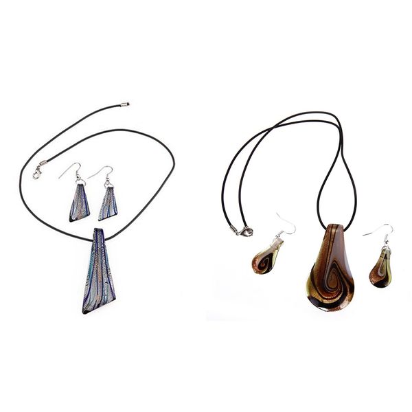 

2 set glass stripe necklace earrings kit murano drop pendant necklace earring, 1 set 68x23 mm & 1 55x32 mm, Silver
