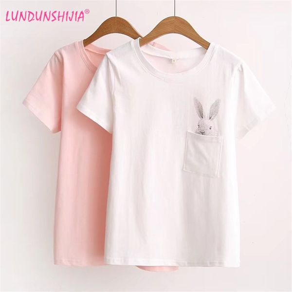 

summer t-shirt women lady cotton female t-shirt clothing printed pocket rabbit cute t-shirts for women, White