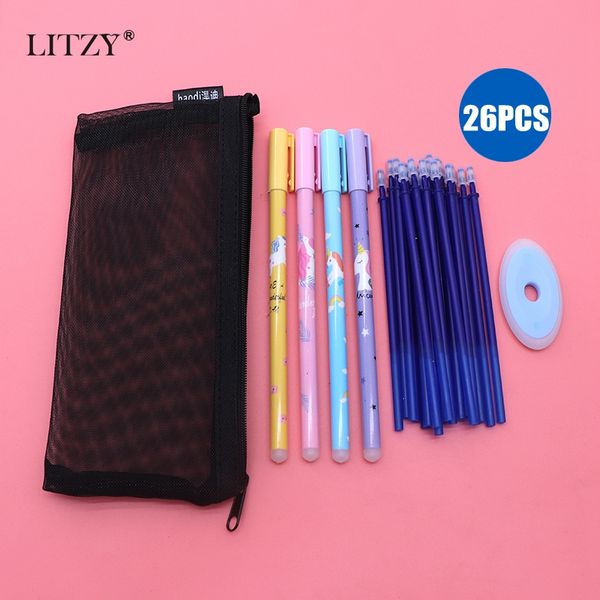 

26pcs/lot unicorn gel pen set erasable refill rod erasable pen washable handle for school writing supplies kawaii stationery