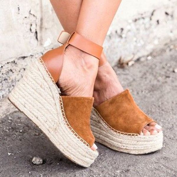 Teahoo Summer Brown Flock Women Platform Sandals Peep Toe Wedge
