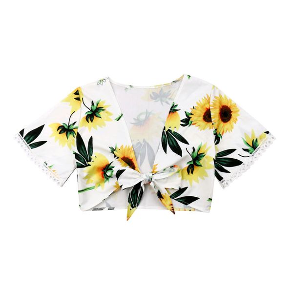 

summer boho women sunflowers lovely girl lady short sleeve bandage knotted shirt blouse fashion beach casual style cardigan, White