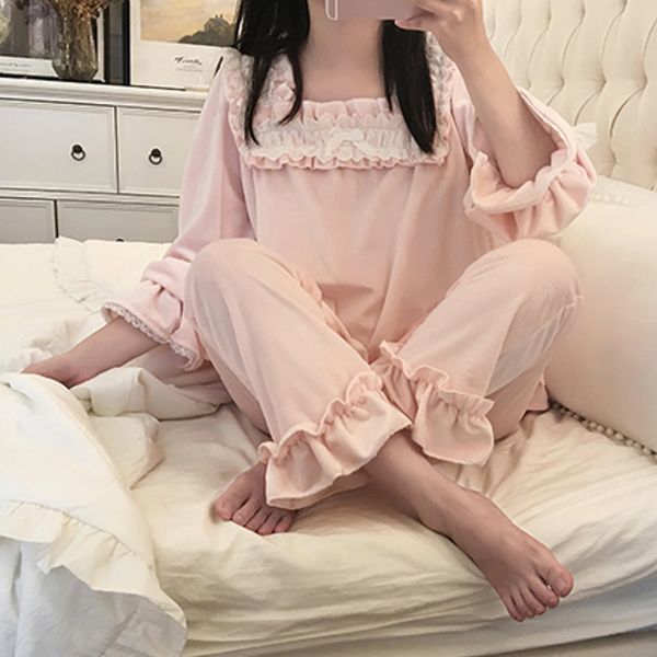 

fall winter women lolita flannel pajama sets vintage style palace lace flowers pajamas set sleepwear t shirts, Blue;gray