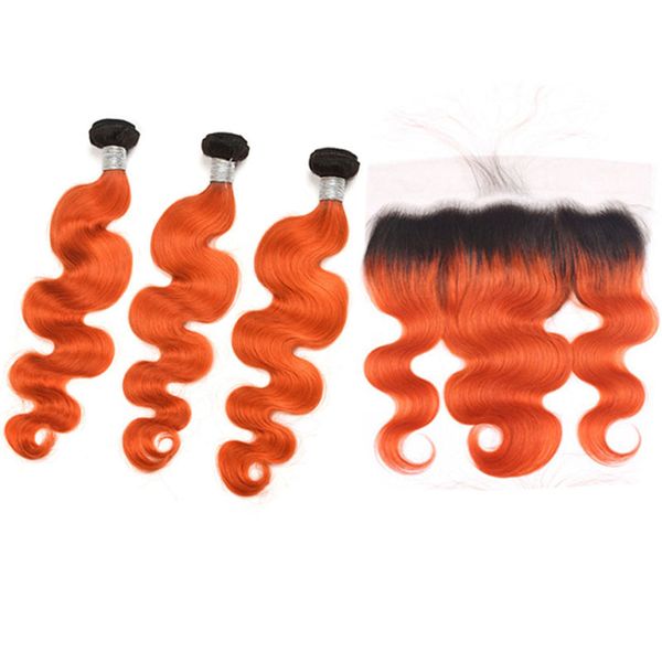 

индийский сырое дешевые волос девственницы 1b orange body wave связки с 13x4 lace фронтальная pre щипковых 10-28inch 1b / оранжевый ombre ex, Black;brown