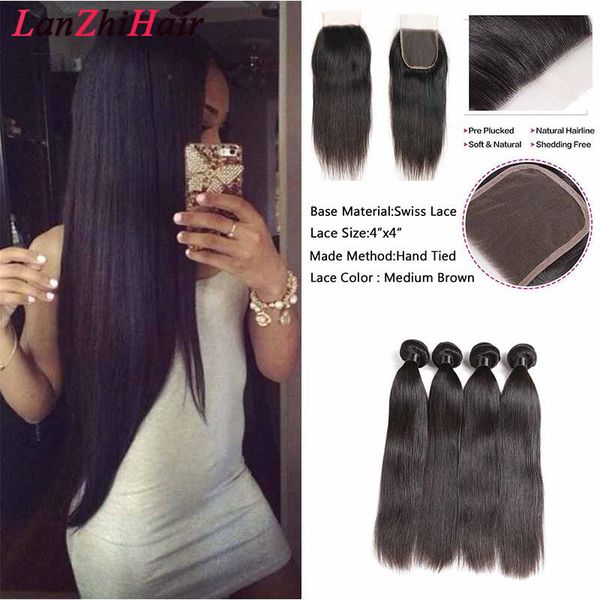 

9 бразильские виргинские переплетения человеческих волос straight с 4x4 шнурком закрытие 4 связки с кружевом закрытия тела deep water wave e, Black;brown