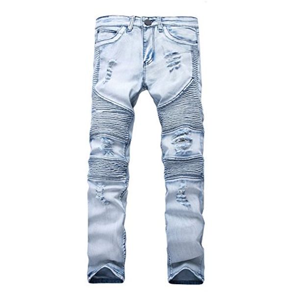 

lobida destroyed mens slim denim straight biker skinny jeans casual long men ripped jeans, Blue