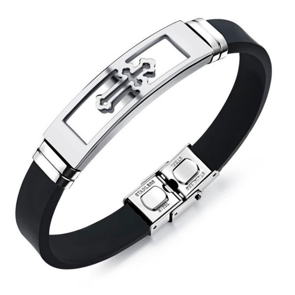 

men silicone titanium steel cross bracelet bangle wristband masculine jewelry k2, Black