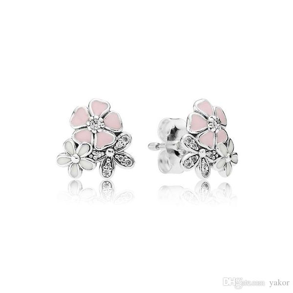 

new pink enamel flowers stud earring original box for pandora 925 sterling silver women's earring set jewelry accessories, Golden;silver