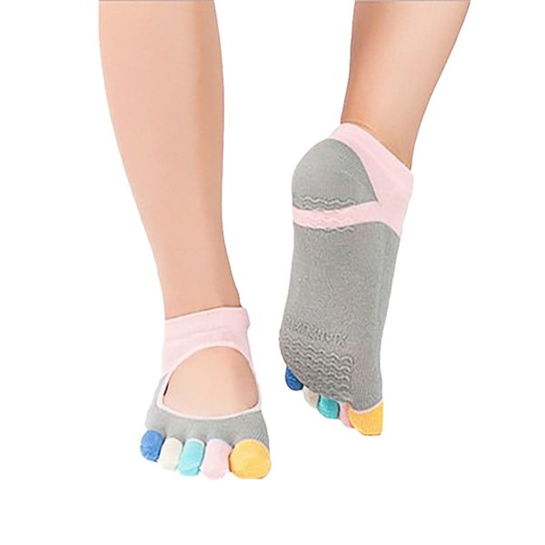 

women yoga socks printing five toe fingers full toe anti slip gym sock with silicone heel sports socks new, Black