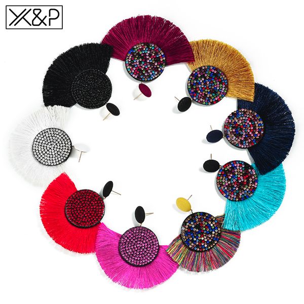 

x&p bohemian crystal tassel earrings ethnic big drop earrings for women fashion silk fabric fringe earing women boho jewelry, Silver