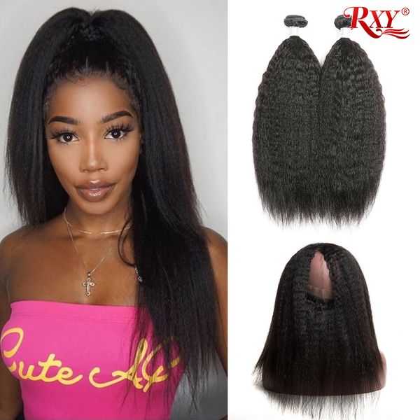 

kinky straight human hair bundles with frontal kinky straight hair 360 lace frontal with bundle brazilian virgin hair 2 bundles with closure, Black